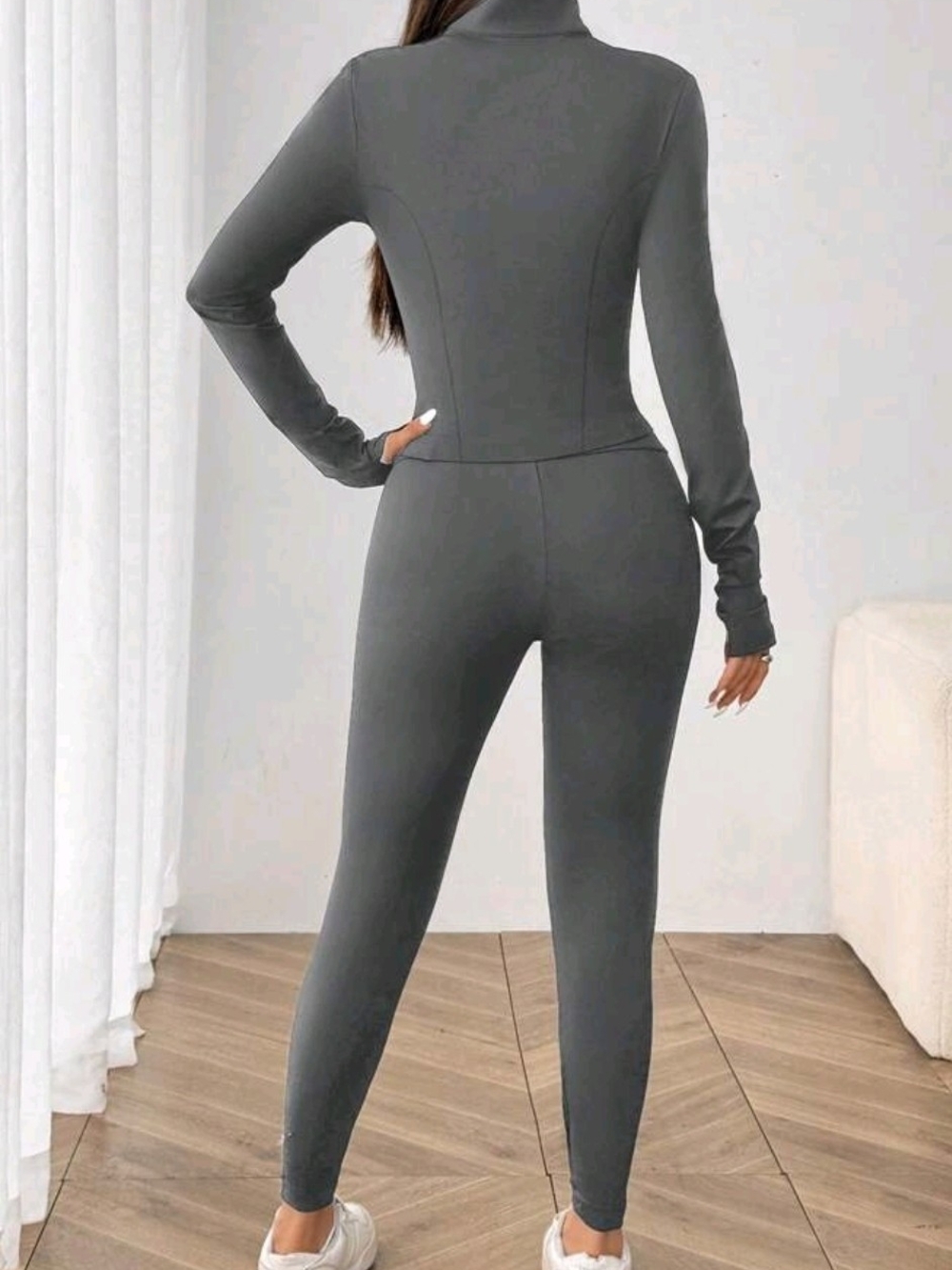 High-Waisted Active Leggings Crop Tank And Jacket- Charcoal Gray - Picture 2 of 3